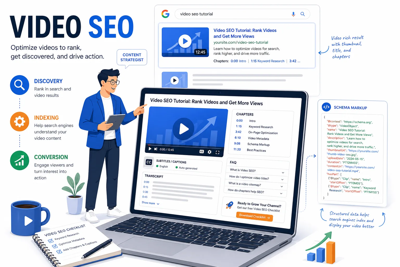 视频 SEO 怎么做：视频页、章节、字幕、Schema 与视频位获取